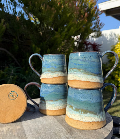 Beach Wave & Speckle Sand Mugs, A-Shaped wider base stable cup with Large Handles, 16 oz Cup, Handpainted