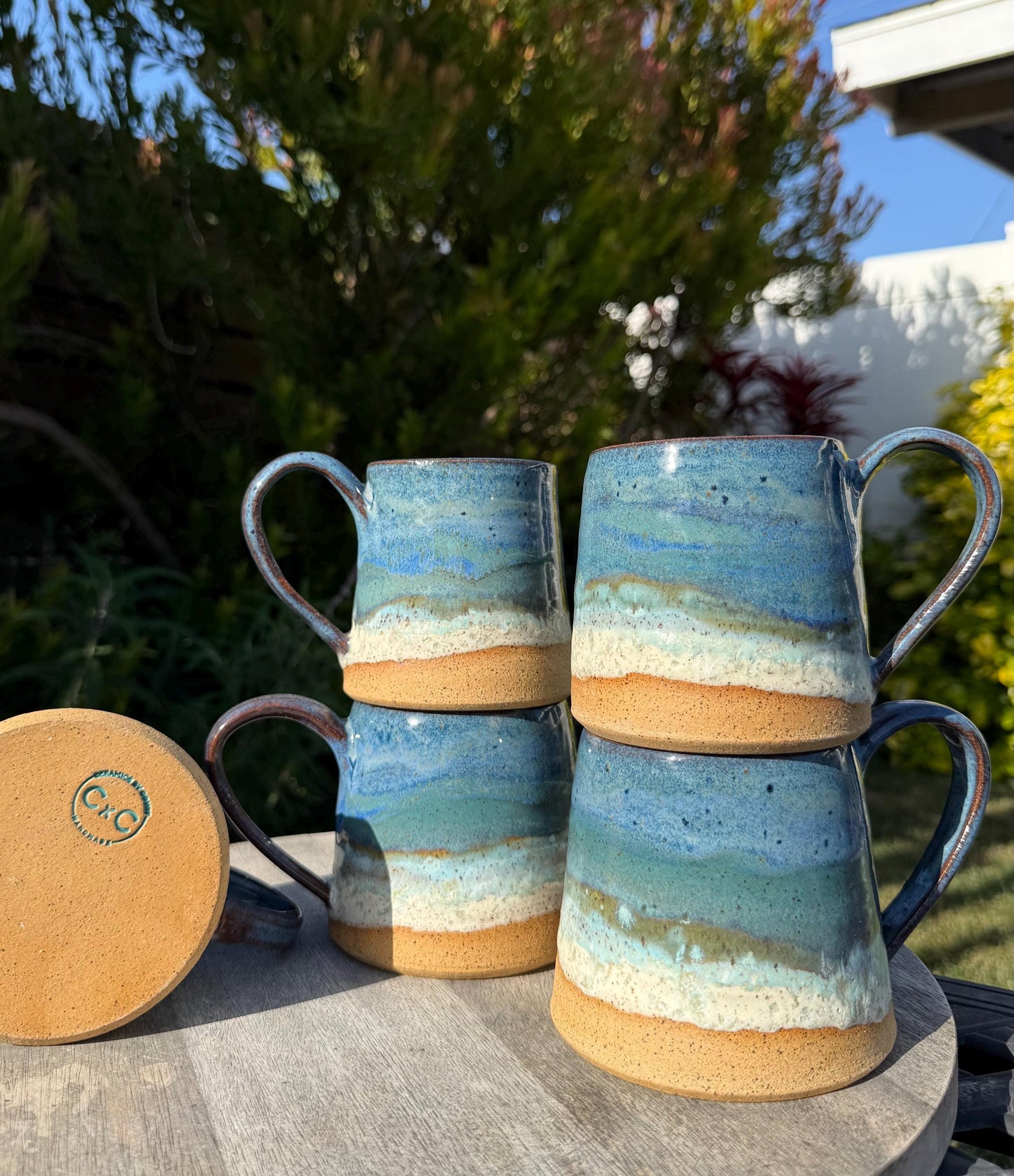 Handmade carved stoneware mug, A-shape coffee cup with stable base and comfortable handle, ocean beach glaze sand to sea - Ceramics By Court
