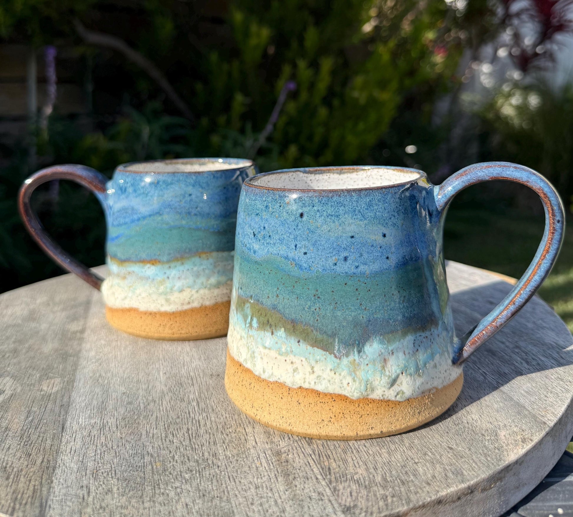 Beach Wave & Speckle Sand Mugs, A-Shaped wider base stable cup with Large Handles, 16 oz Cup, Handpainted