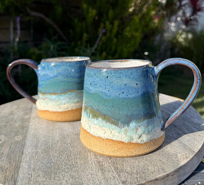 Beach Wave & Speckle Sand Mugs, A-Shaped wider base stable cup with Large Handles, 16 oz Cup, Handpainted