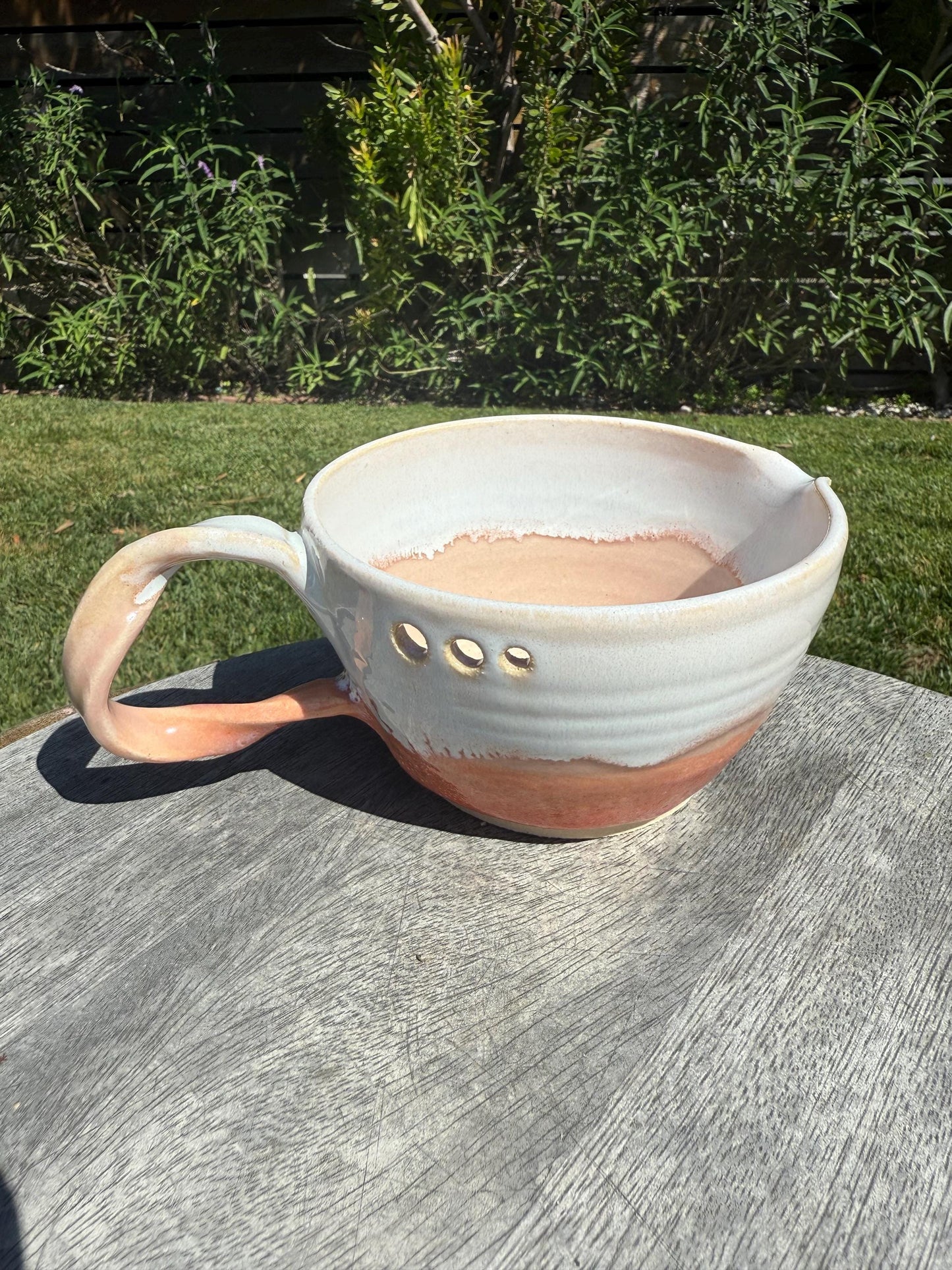 Handmade “Marinades & Matcha” Grater Bowl with Herb Stripper, with Twisted Handle and Spout