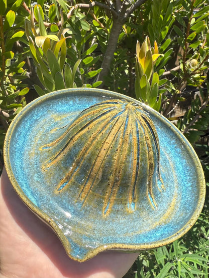 Hand holding a blue and brown ceramic citrus juicer pottery piece outdoors