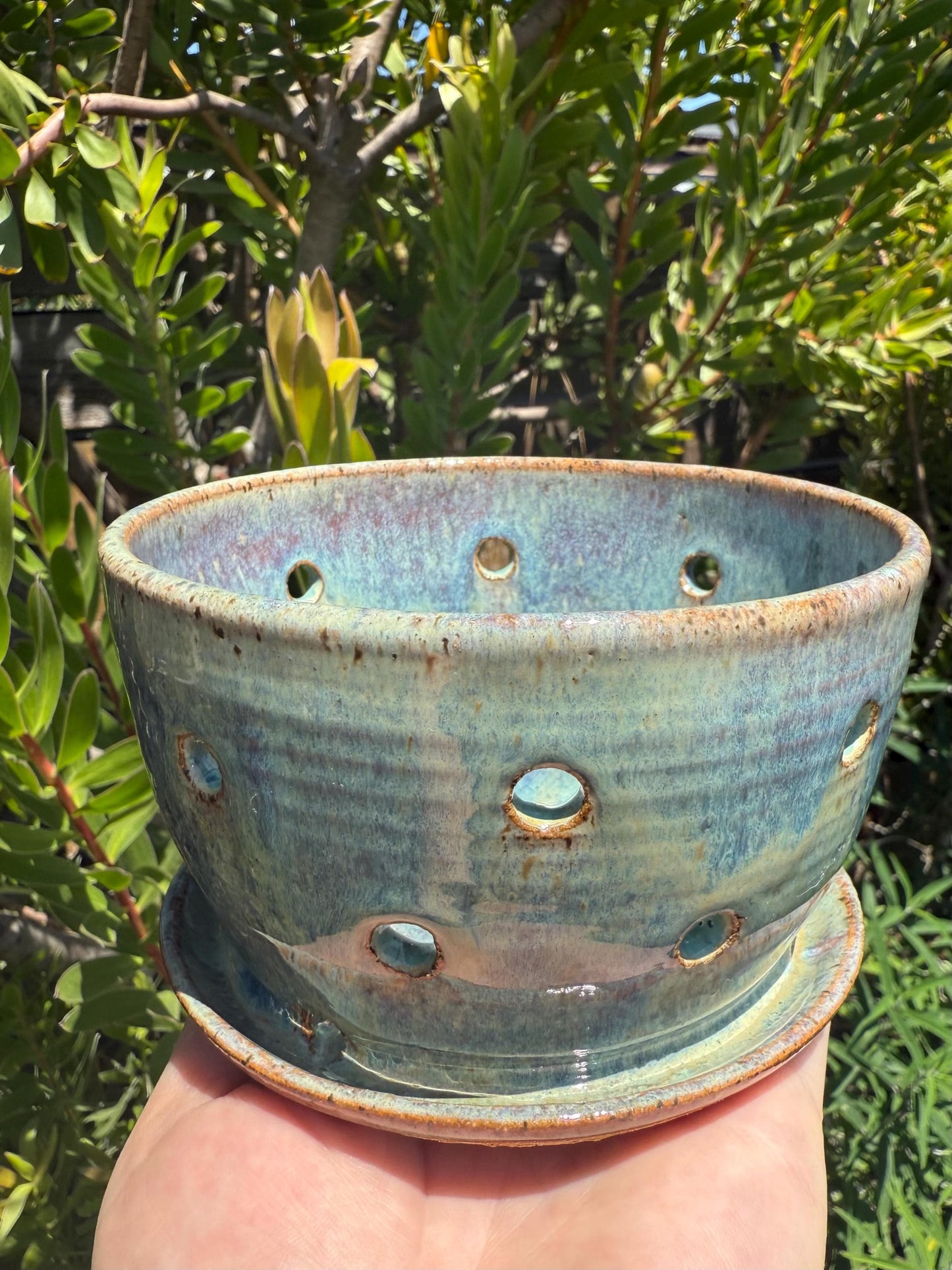 Colander Berry Bowl with Built-in Saucer, Pottery