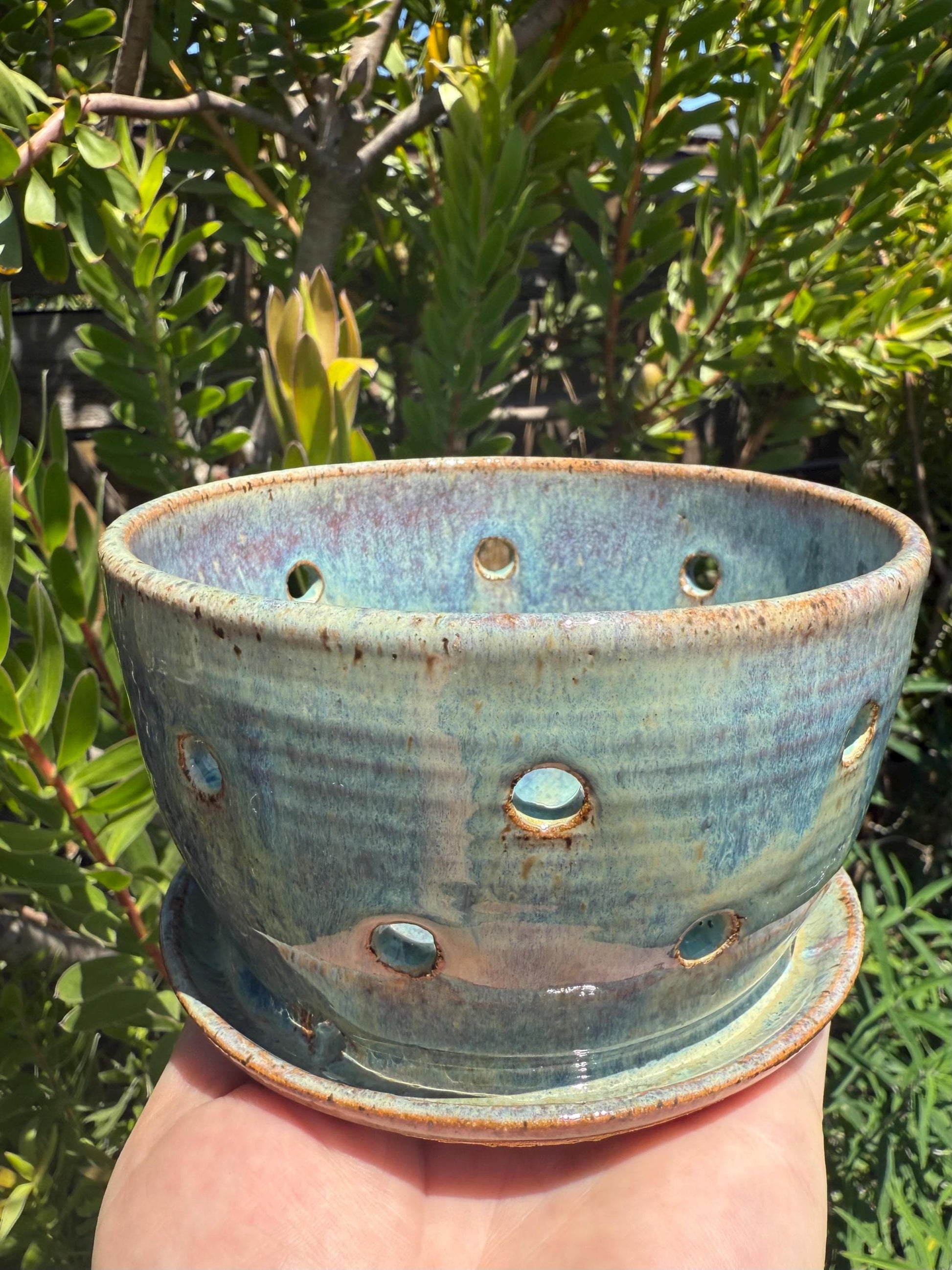 Colander Berry Bowl with Built-in Saucer, Pottery