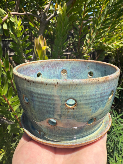 Colander Berry Bowl with Built-in Saucer, Pottery