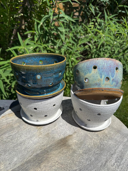Colander Berry Bowl with Built-in Saucer, Pottery