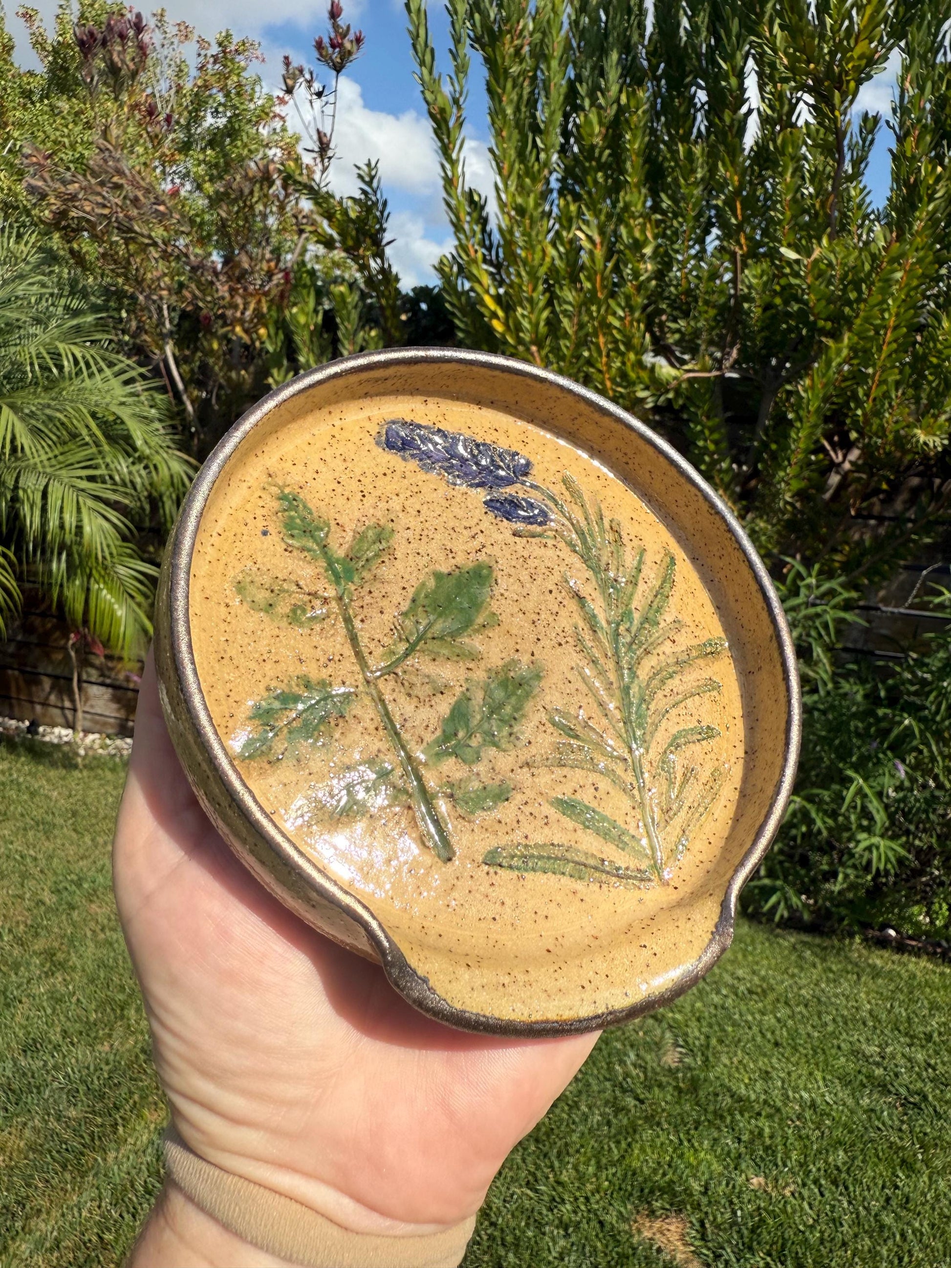 Handmade Spoon Rests with Pressed Lavender & Herb Plants, Hand-Painted Ceramic Wheel-thrown Pottery