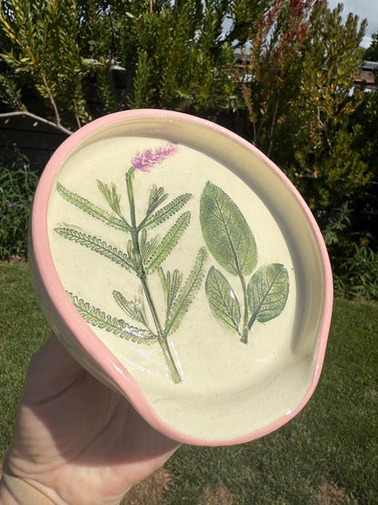 Handmade Spoon Rests with Pressed Lavender & Herb Plants, Hand-Painted Ceramic Wheel-thrown Pottery