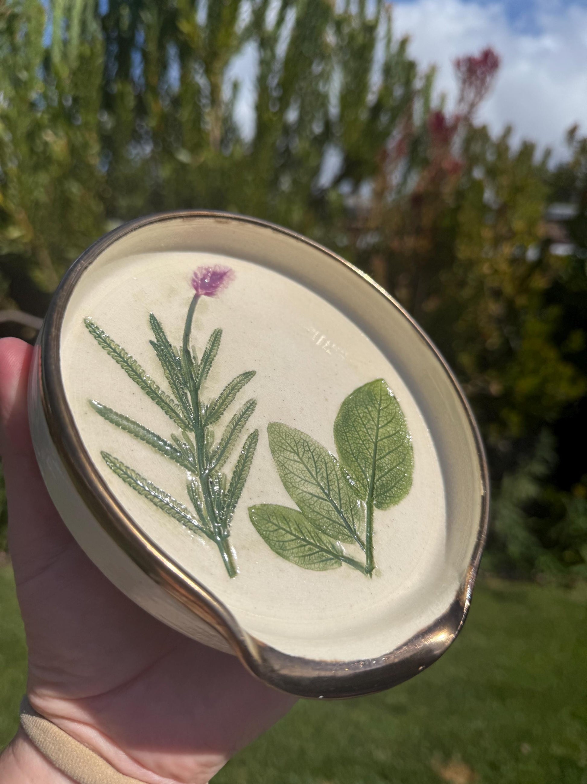 Handmade Spoon Rests with Pressed Lavender & Herb Plants, Hand-Painted Ceramic Wheel-thrown Pottery