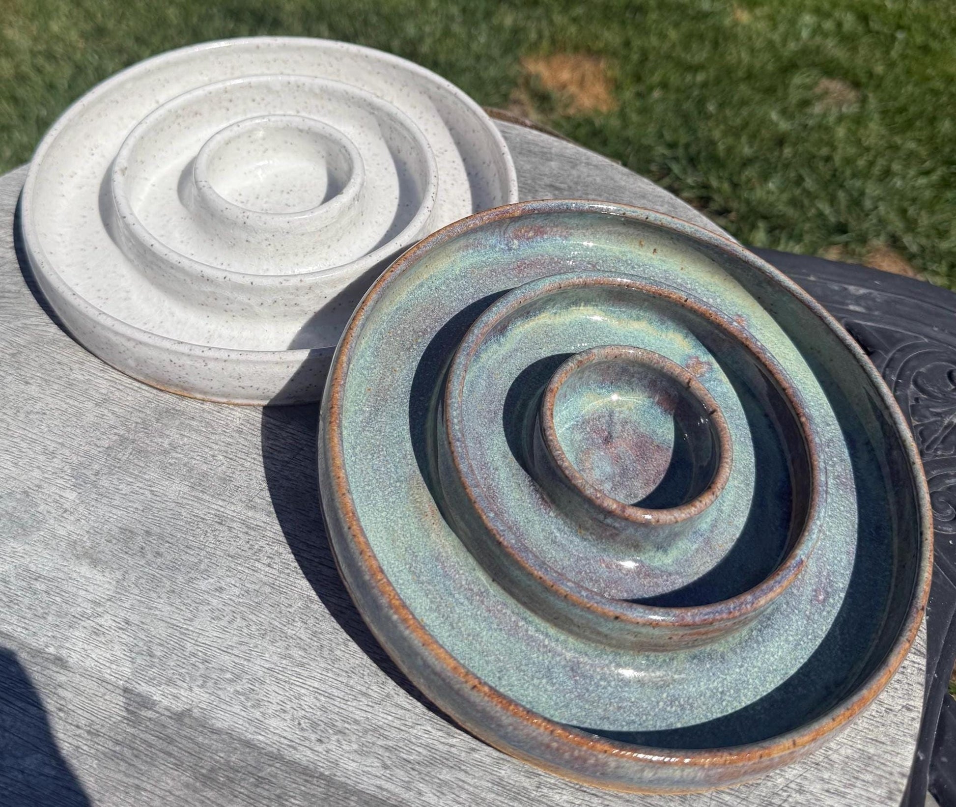 white speckle sand and sea luster handpainted glazed wheel-thrown stoneware slow feeder pet bowl, handmade ceramic dog dish with 3 ring compartments, dishwasher safe - Ceramics By Court
