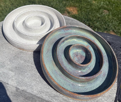 white speckle sand and sea luster handpainted glazed wheel-thrown stoneware slow feeder pet bowl, handmade ceramic dog dish with 3 ring compartments, dishwasher safe - Ceramics By Court