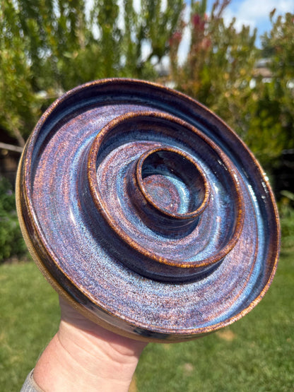 abalone smoke purple brown glazed wheel-thrown stoneware slow feeder pet bowl, handmade ceramic dog dish with 3 ring compartments, dishwasher safe - Ceramics By Court