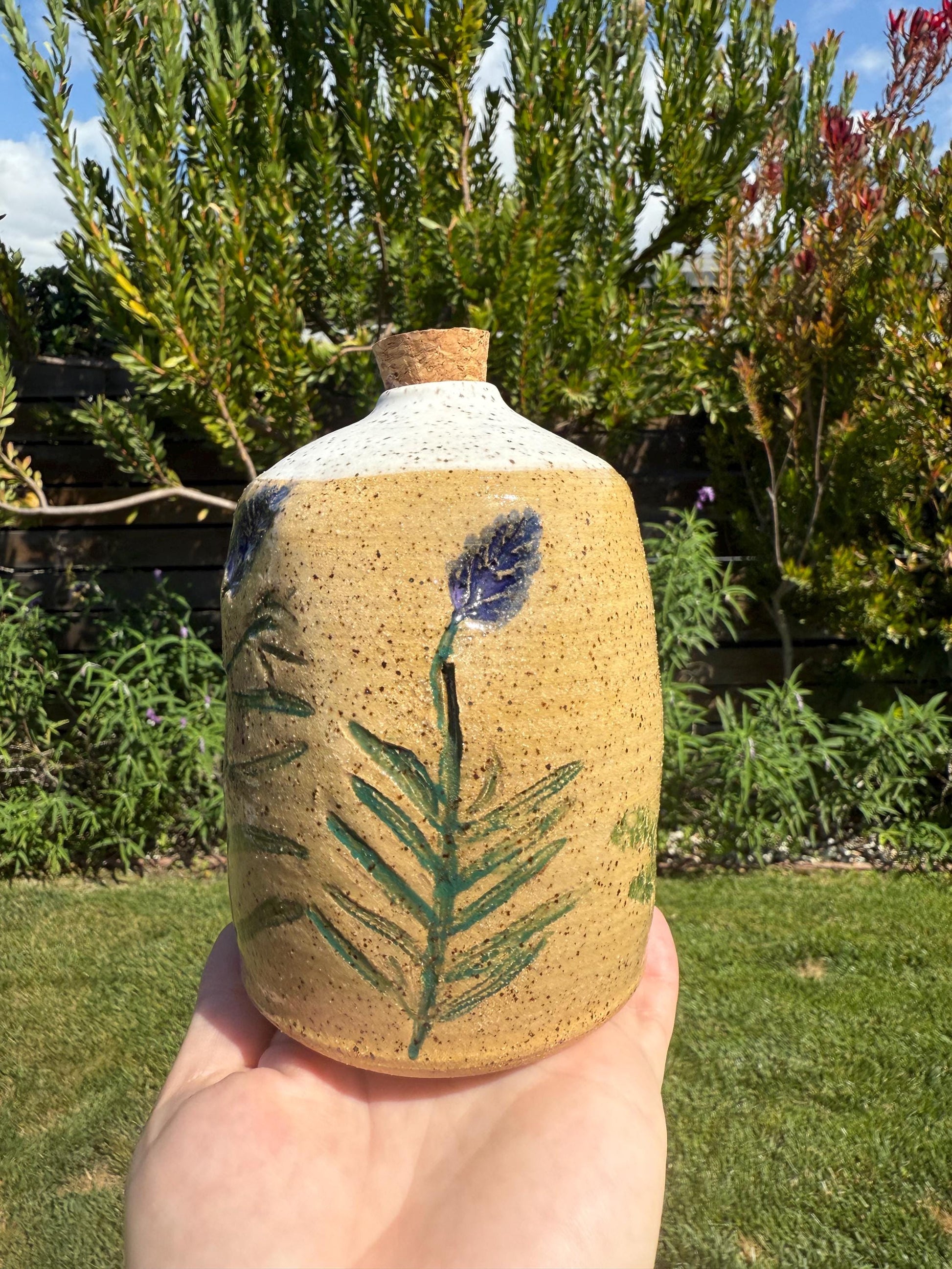 Kitchen Decor Jars w Corks for Food, Liquid or Vase, Pressed Spring Herbs & Lavender, Handmade Hand-Painted Ceramic — Wheel-thrown Stoneware