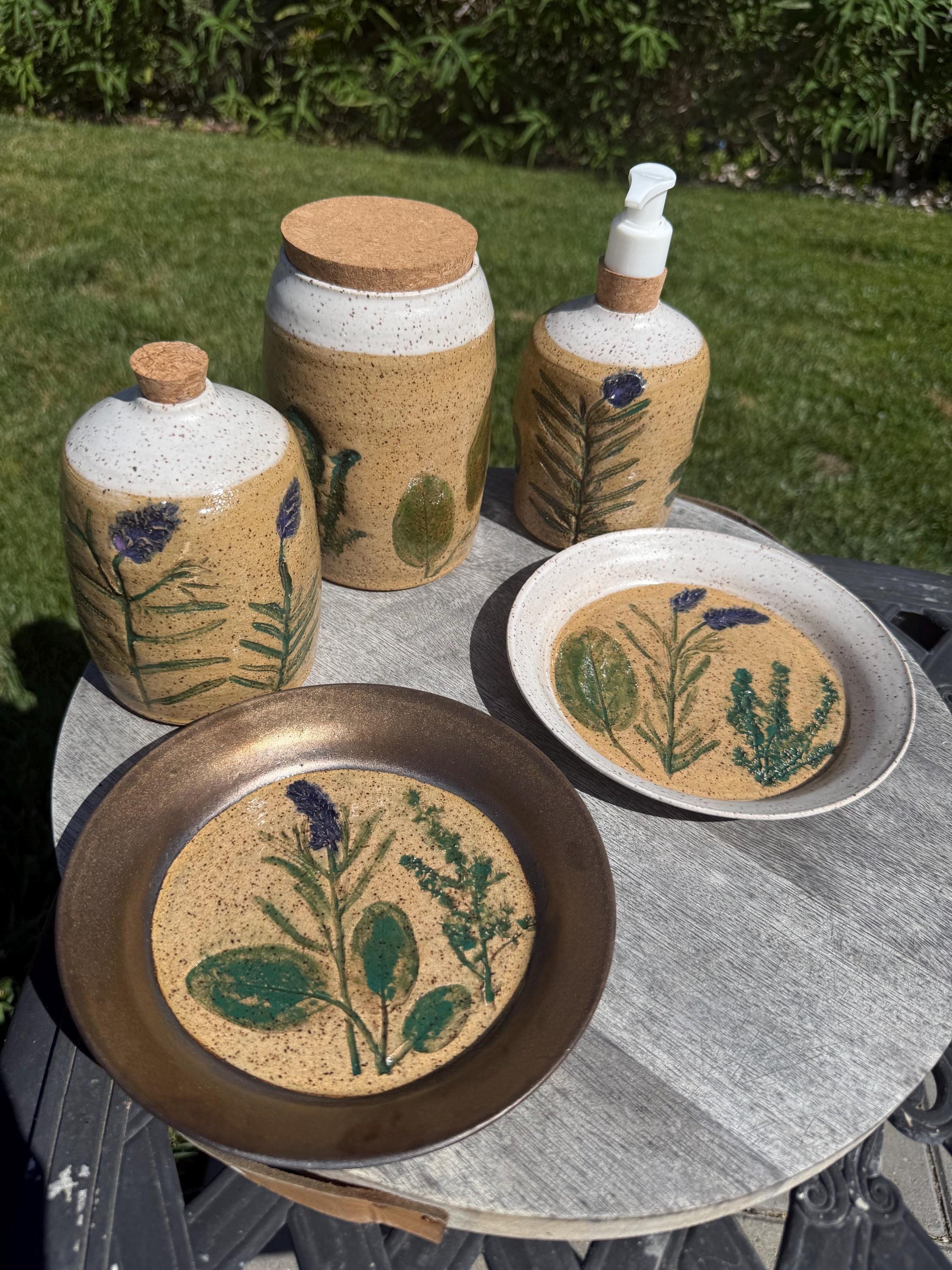 Pressed Plate, Food or Trinket, Hand-painted Plant Impression, Lavender Herbs, Matte Gold