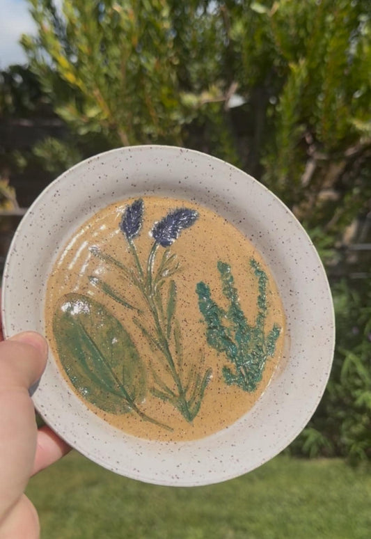 Pressed Plate, Food or Trinket, Hand-painted Plant Impression, Lavender Herbs, Matte Gold