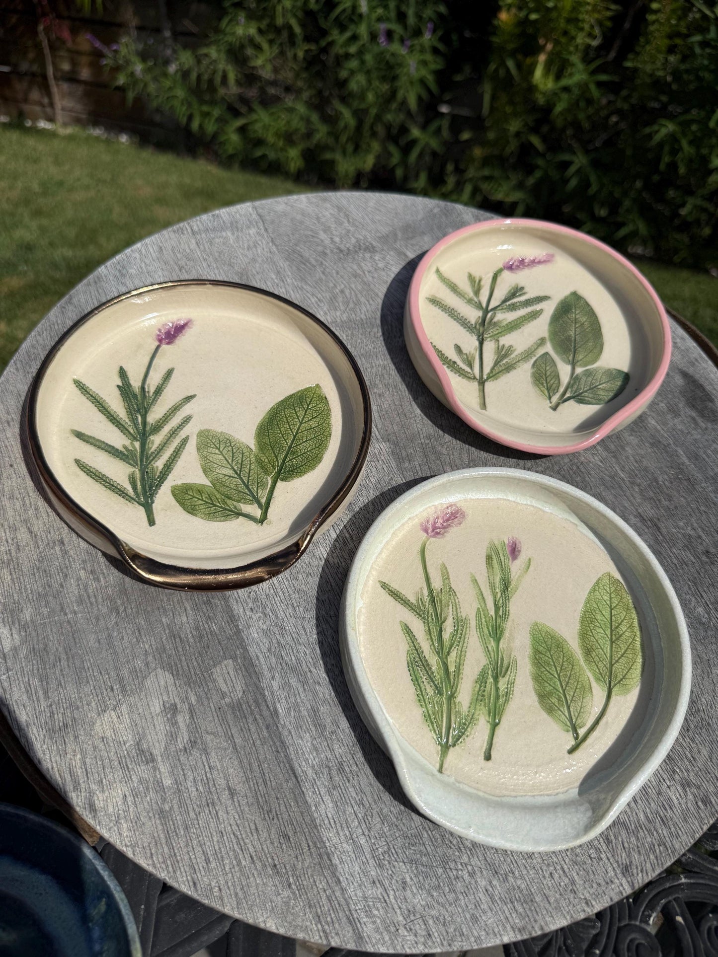 Handmade Spoon Rests with Pressed Lavender & Herb Plants, Hand-Painted Ceramic Wheel-thrown Pottery