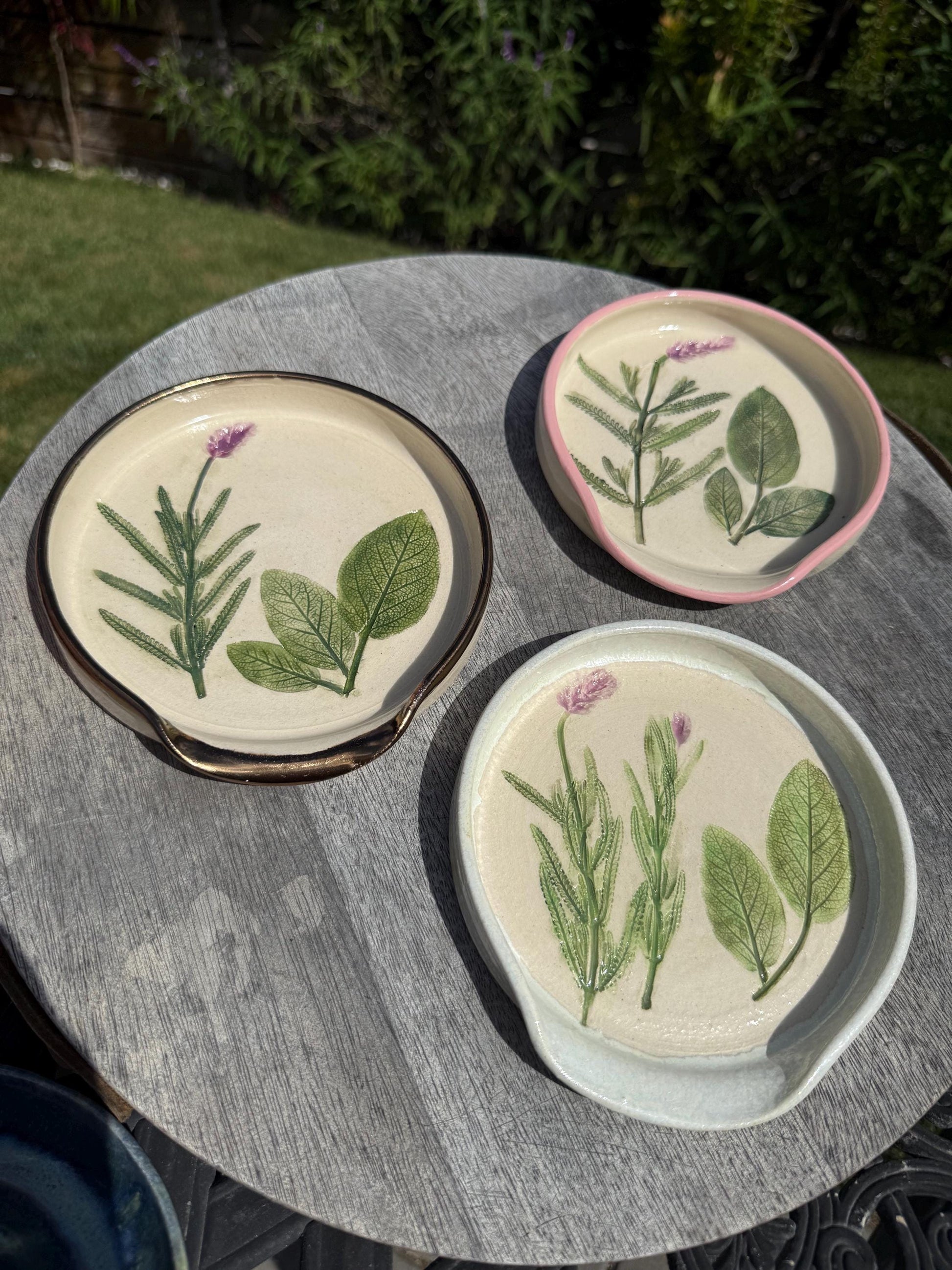 Handmade Spoon Rests with Pressed Lavender & Herb Plants, Hand-Painted Ceramic Wheel-thrown Pottery