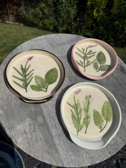 Handmade Spoon Rests with Pressed Lavender & Herb Plants, Hand-Painted Ceramic Wheel-thrown Pottery