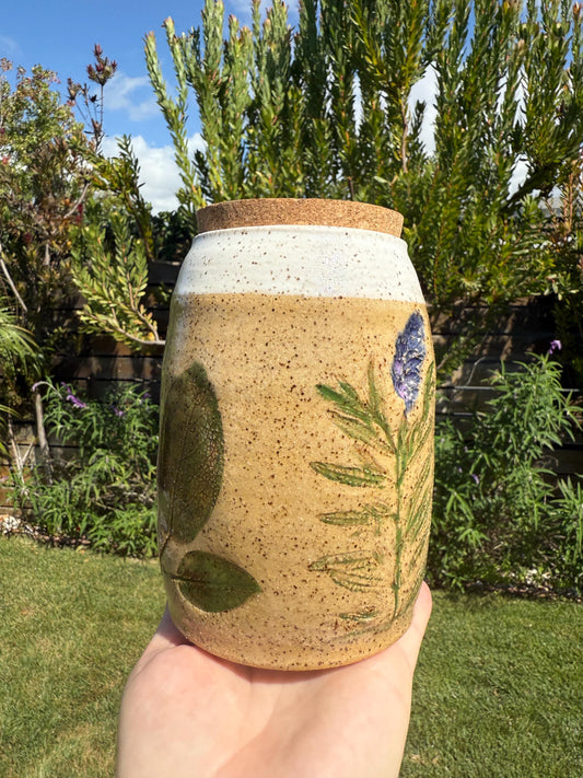 Kitchen Decor Jars w Corks for Food, Liquid or Vase, Pressed Spring Herbs & Lavender, Handmade Hand-Painted Ceramic — Wheel-thrown Stoneware