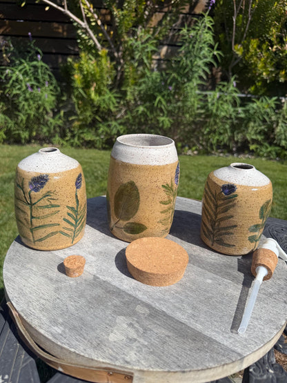 Kitchen Decor Jars w Corks for Food, Liquid or Vase, Pressed Spring Herbs & Lavender, Handmade Hand-Painted Ceramic — Wheel-thrown Stoneware
