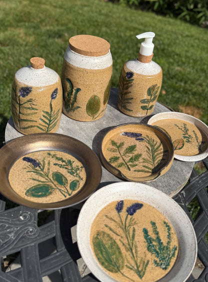 Kitchen Decor Jars w Corks for Food, Liquid or Vase, Pressed Spring Herbs & Lavender, Handmade Hand-Painted Ceramic — Wheel-thrown Stoneware