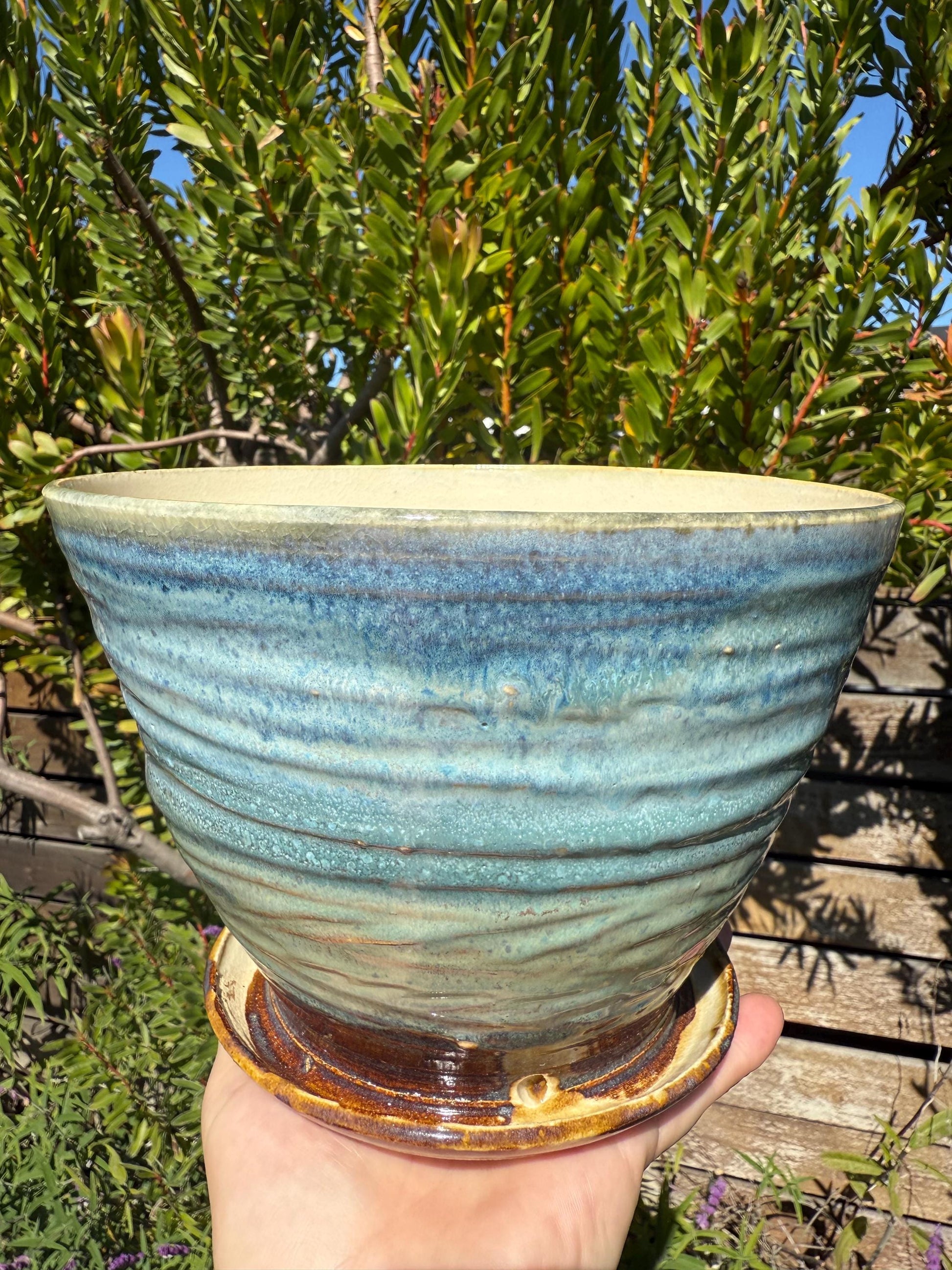 Planter Pots with Built-in Saucers & Drainage Holes, Ocean inspired Glazed Ceramics