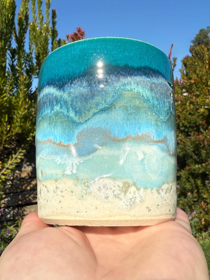 Handmade Beach Wave Grip Cups Set of Two, Handpainted Glazed Stoneware