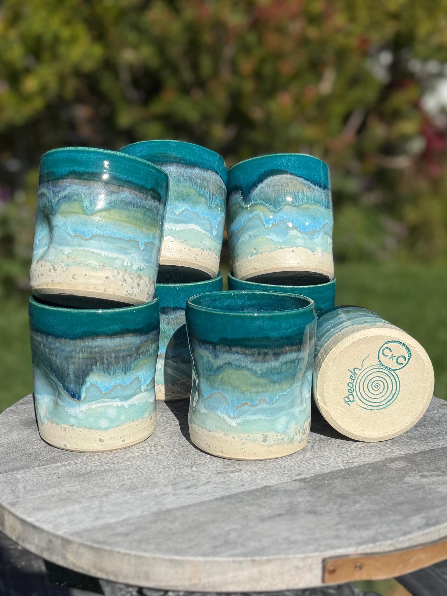Handmade Beach Wave Grip Cups Set of Two, Handpainted Glazed Stoneware