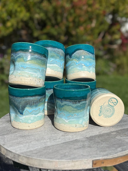 Handmade Beach Wave Grip Cups Set of Two, Handpainted Glazed Stoneware
