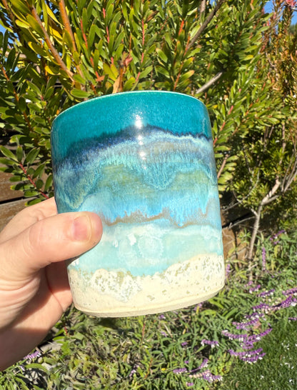 Handmade Beach Wave Grip Cups Set of Two, Handpainted Glazed Stoneware