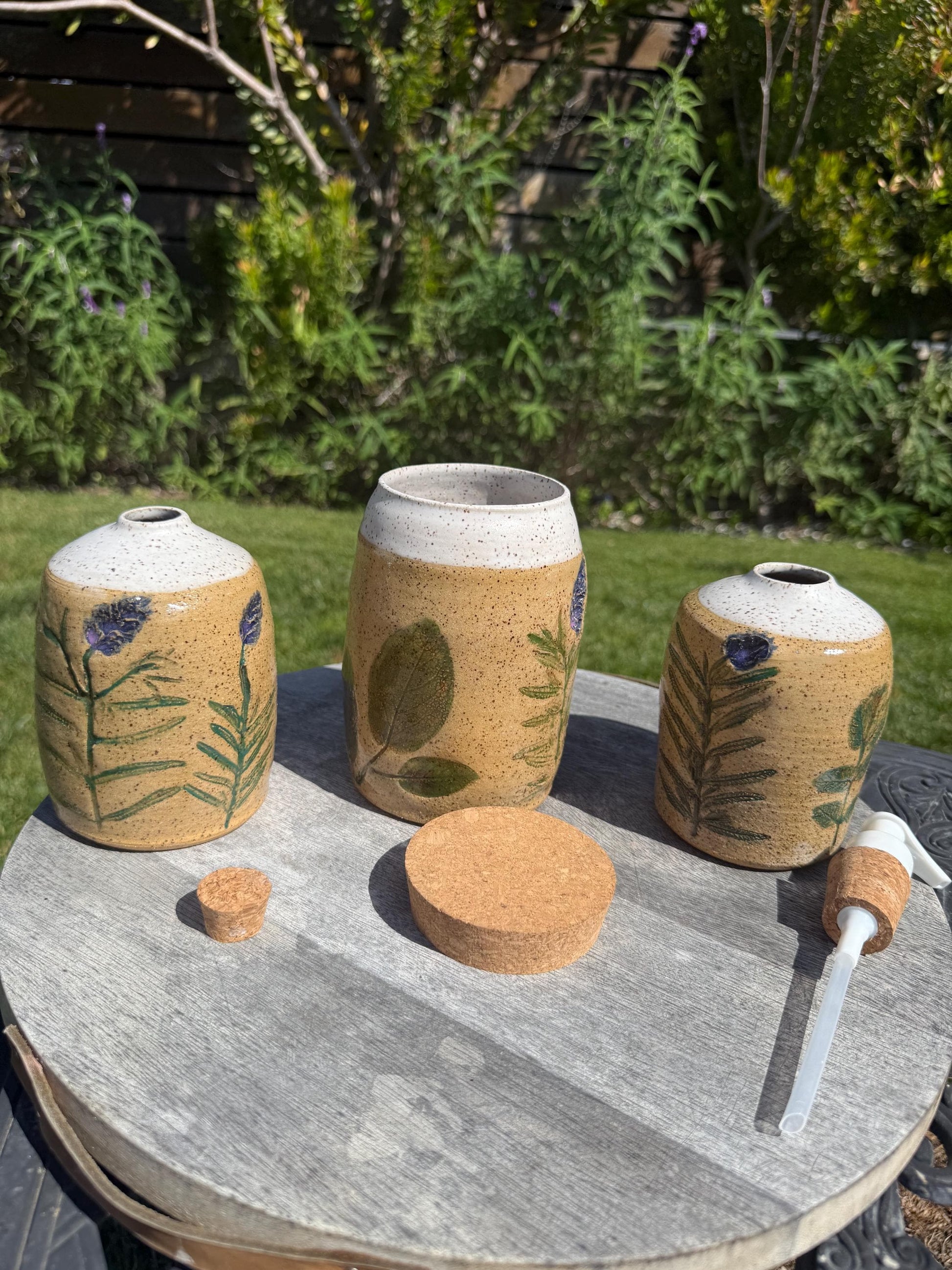 Liquid Soap or Lotion Dispensers, Hand-Pressed & Painted Lavender Floral and Herbs