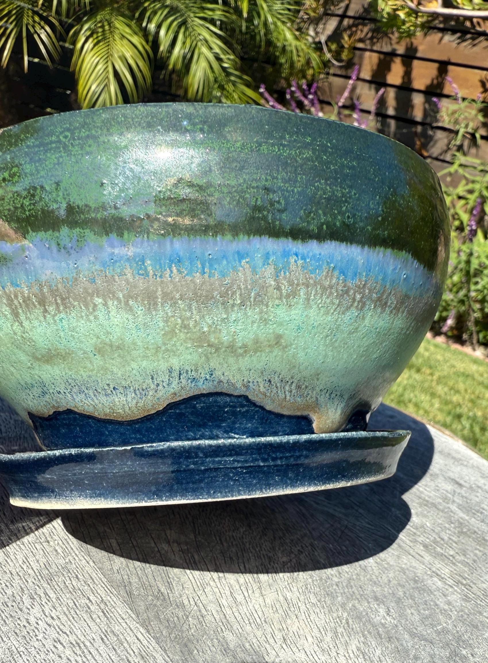 Planter Pots with Built-in Saucers & Drainage Holes, Ocean inspired Glazed Ceramics