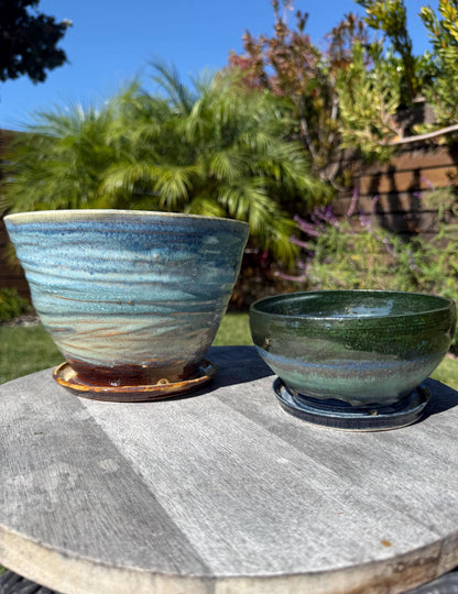 Planter Pots with Built-in Saucers & Drainage Holes, Ocean inspired Glazed Ceramics