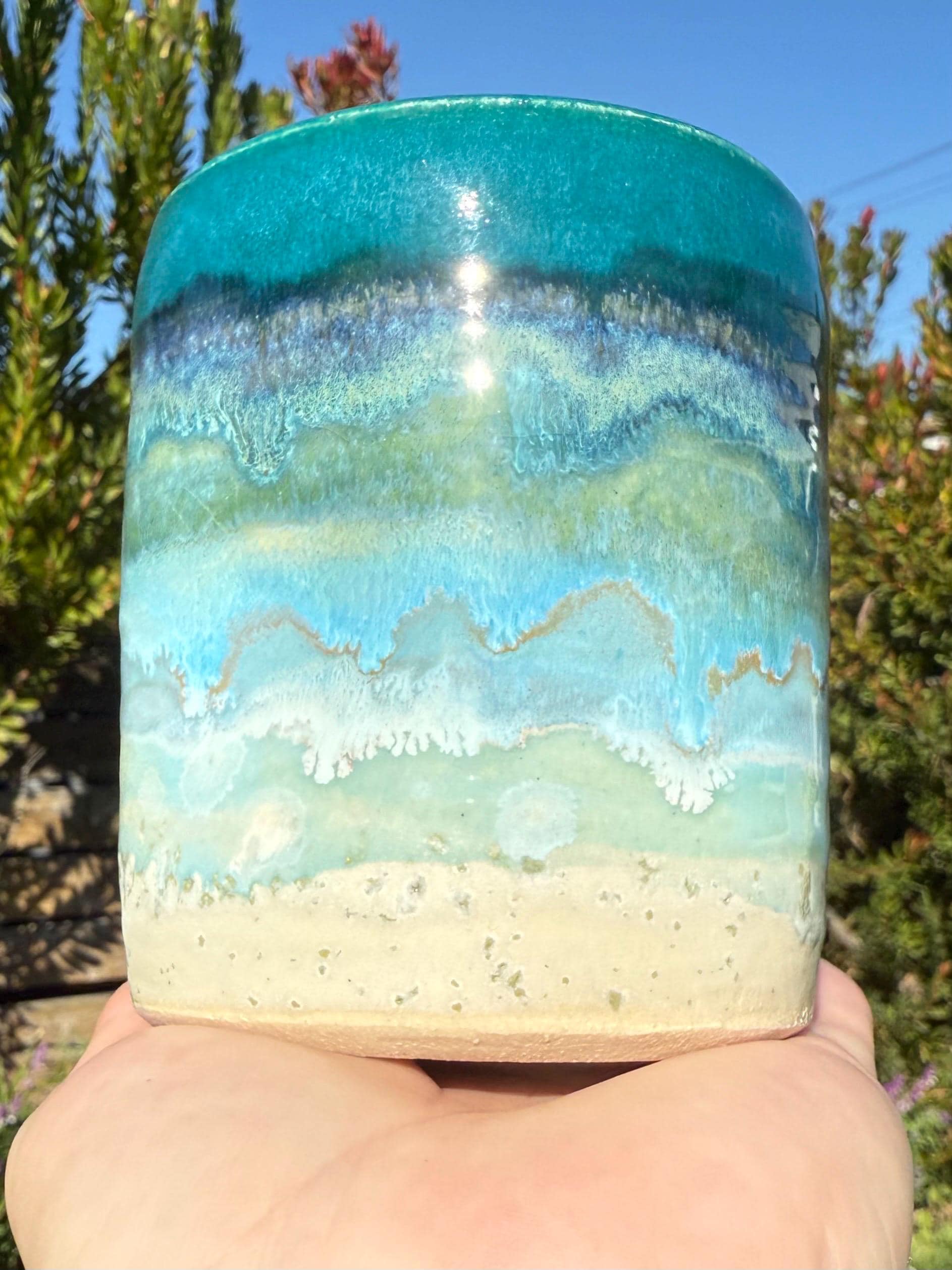 Handmade Beach Wave Grip Cups Set of Two, Handpainted Glazed Stoneware