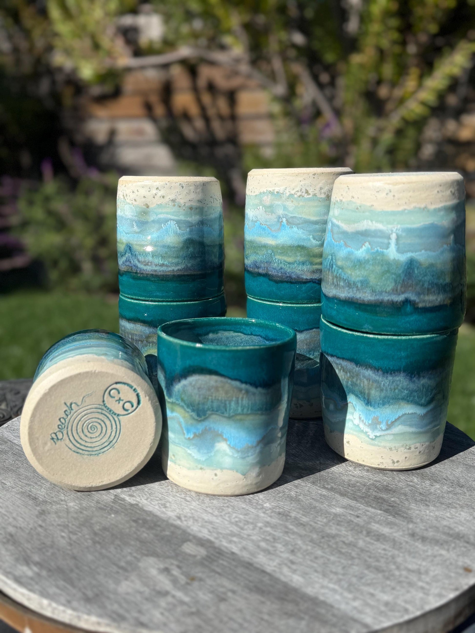 Handmade Beach Wave Grip Cups Set of Two, Handpainted Glazed Stoneware