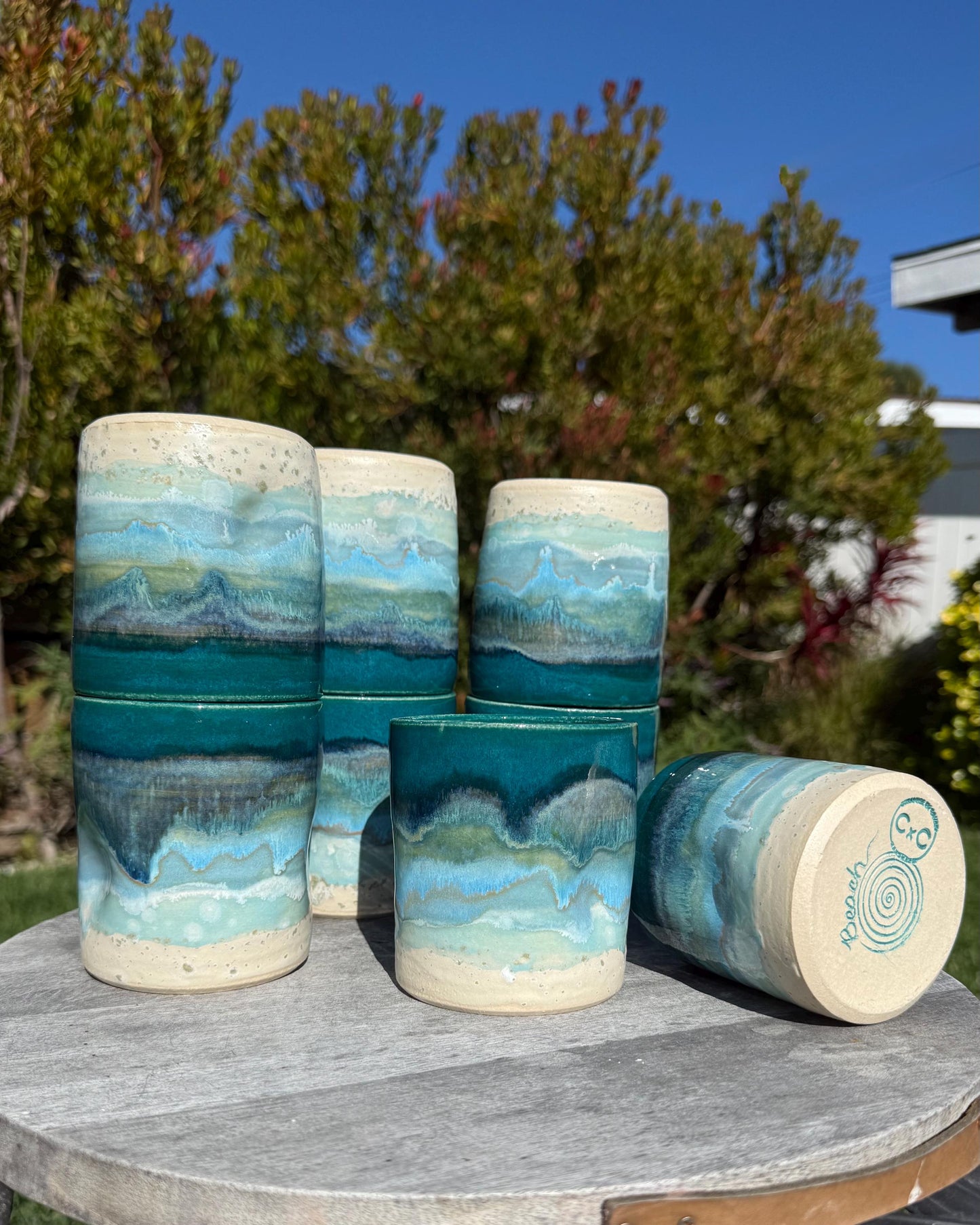 Handmade Beach Wave Grip Cups Set of Two, Handpainted Glazed Stoneware