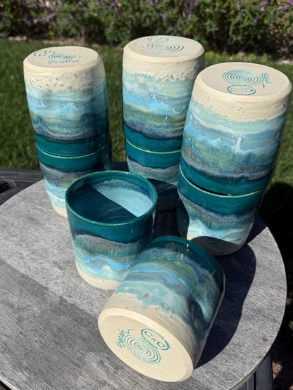 Handmade Beach Wave Grip Cups Set of Two, Handpainted Glazed Stoneware
