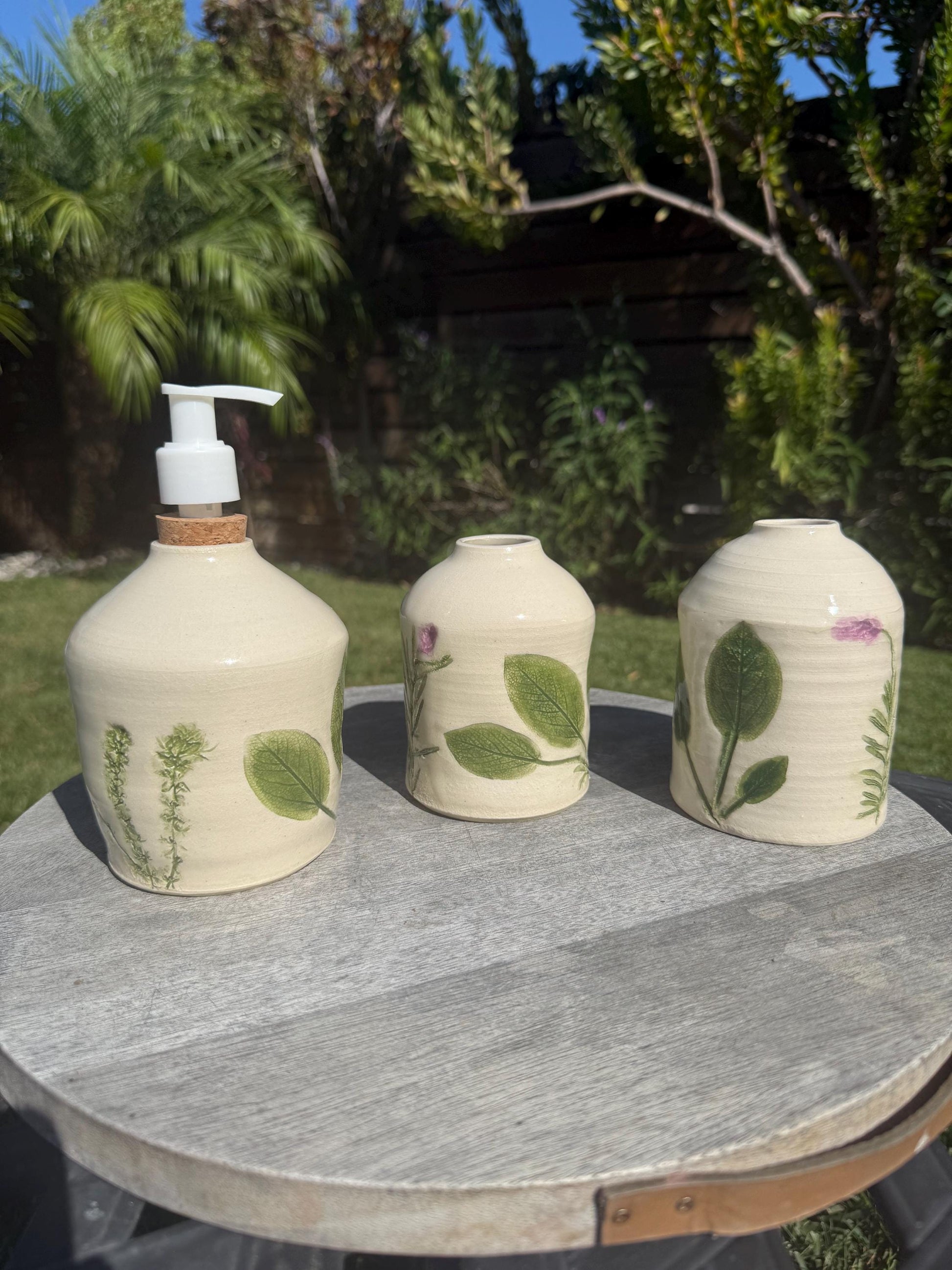 Liquid Soap or Lotion Dispensers, Hand-Pressed & Painted Lavender Floral and Herbs