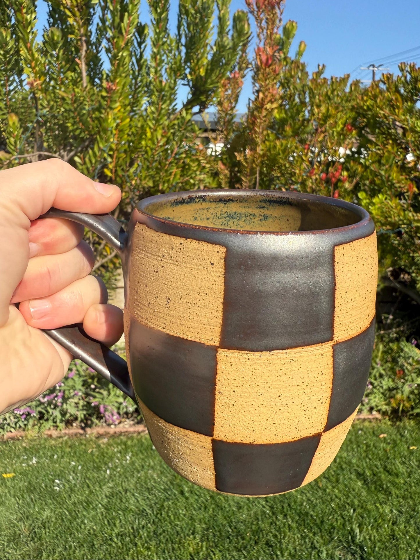 Checkered Mugs, Hand-Painted Wax Resist, Large 20+ oz. Capacity Mugs with Comfortable Handles