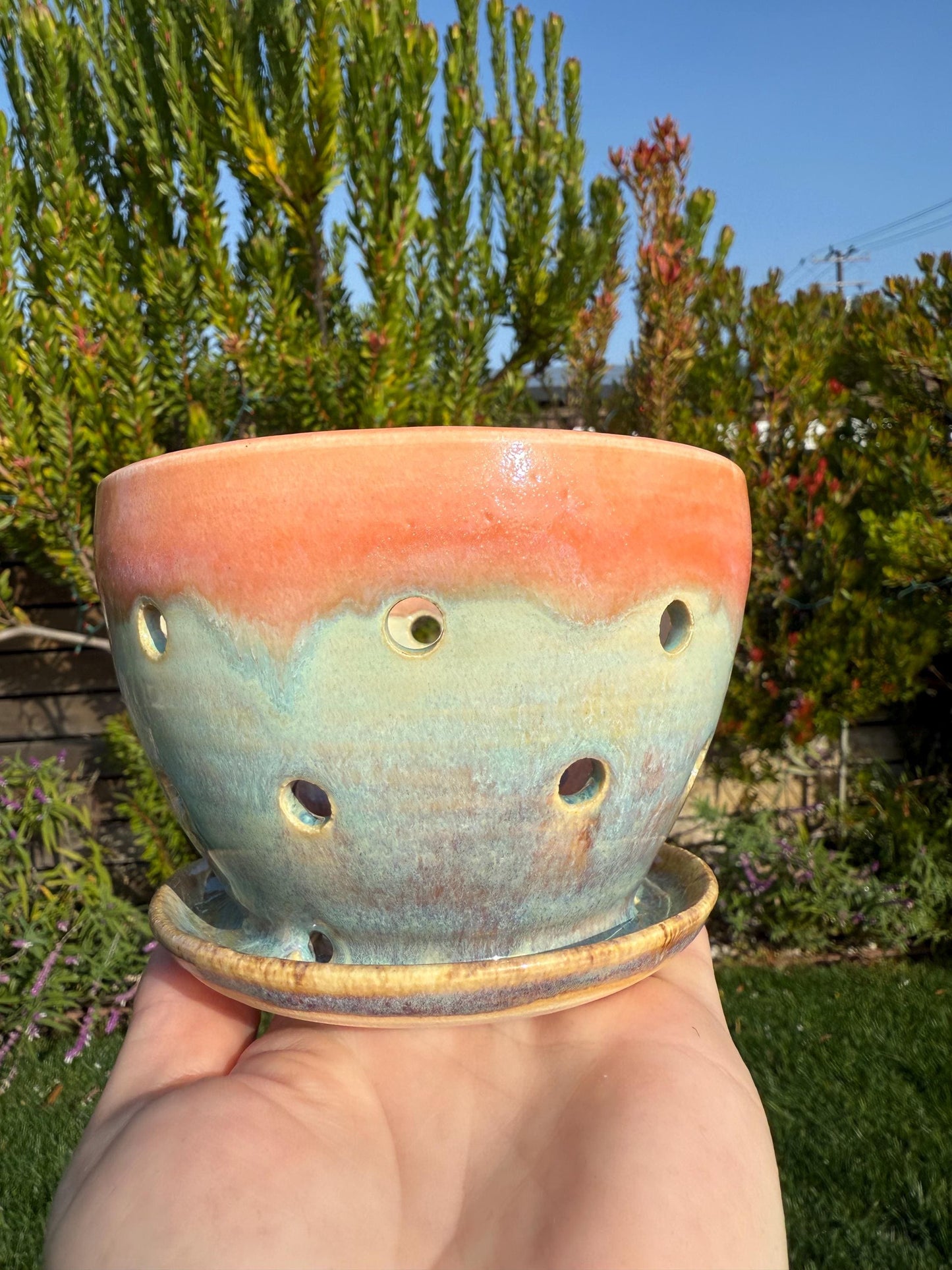 Colander Berry Bowl with Built-in Saucer, Pottery