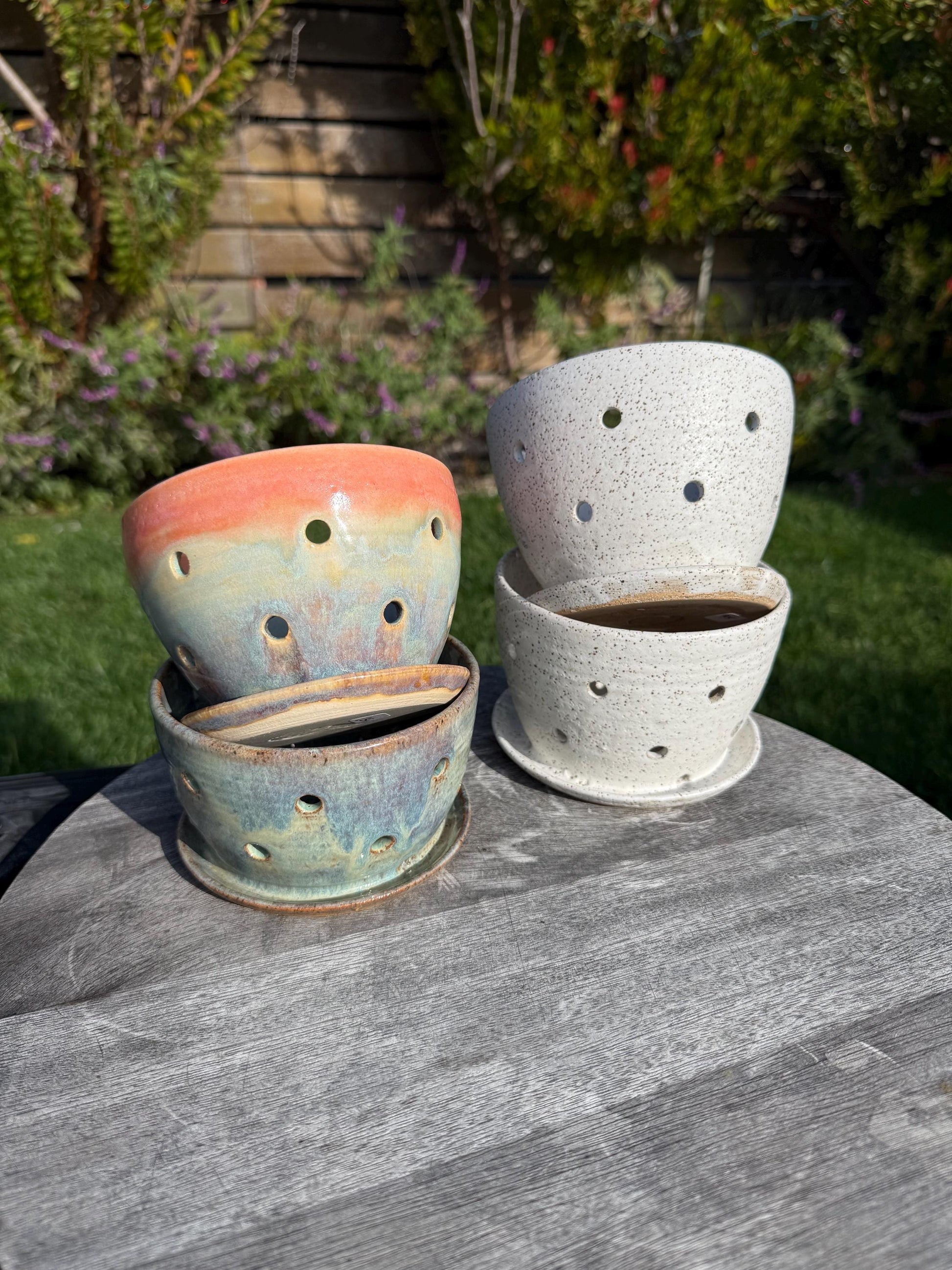 Colander Berry Bowl with Built-in Saucer, Pottery