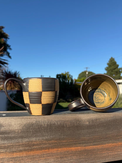 Checkered Mugs, Hand-Painted Wax Resist, Large 20+ oz. Capacity Mugs with Comfortable Handles