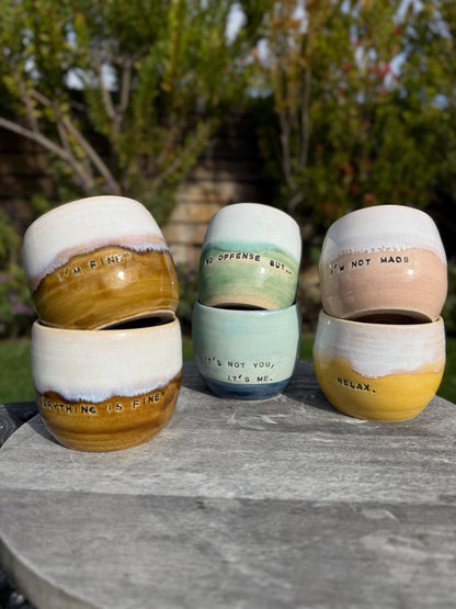 Cups: The Untruths; Hand-Stamped Wine Mugs for Cocktails, Warm or Cold Beverages