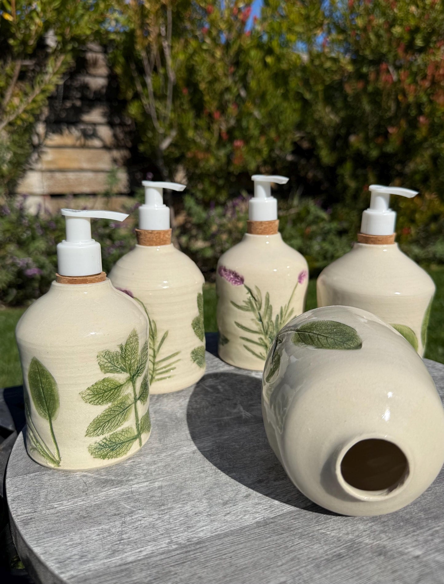 Liquid Soap or Lotion Dispensers, Hand-Pressed & Painted Lavender Floral and Herbs