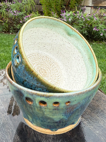 Blue and green sea inspired ocean glazed stoneware, Handmade mix and grate bowl, garlic grater, functional countertop art - Ceramics By Court
