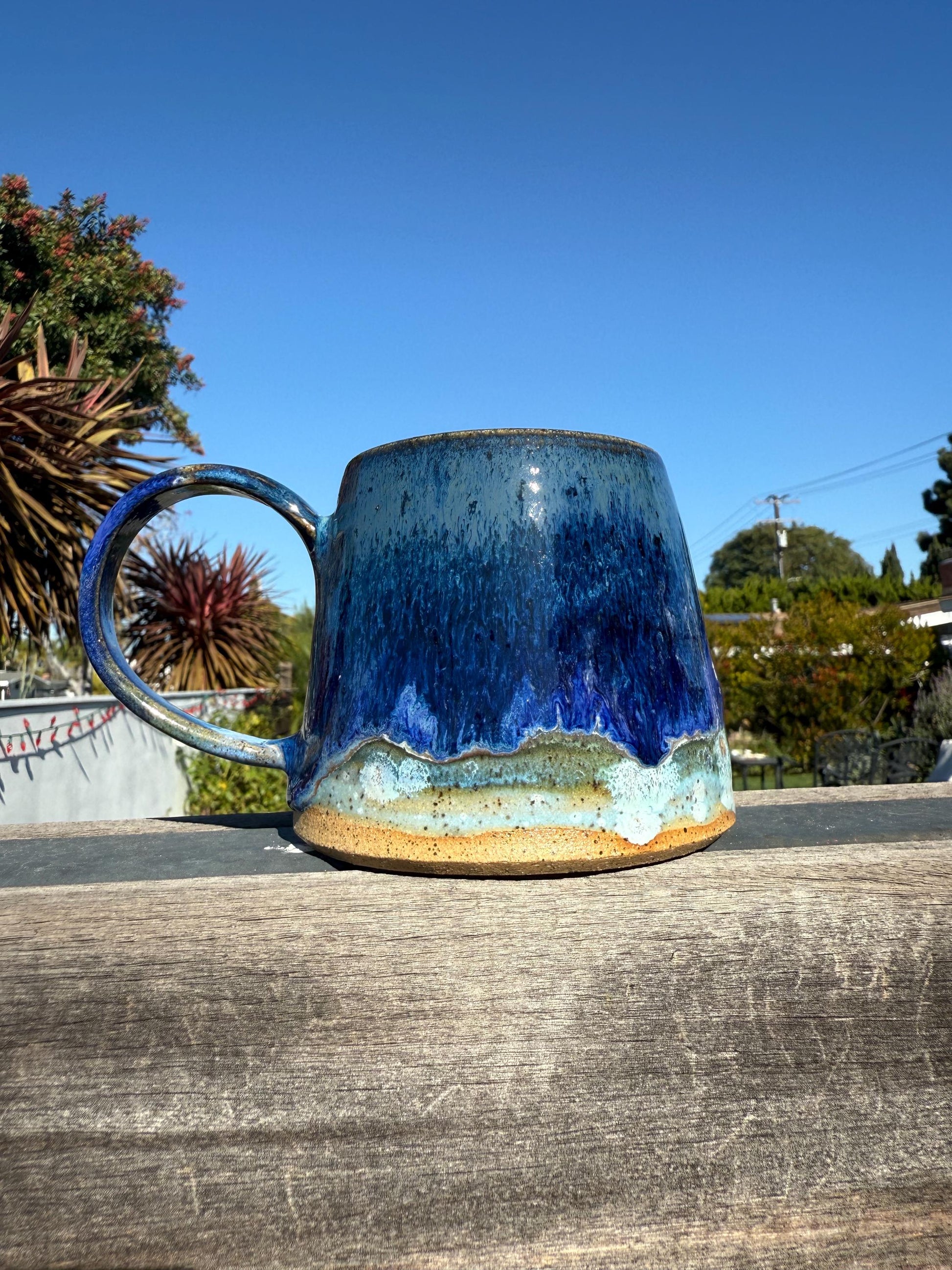 Handmade carved stoneware mug, A-shape coffee cup with stable base and comfortable handle, ocean beach glaze sand to sea - Ceramics By Court