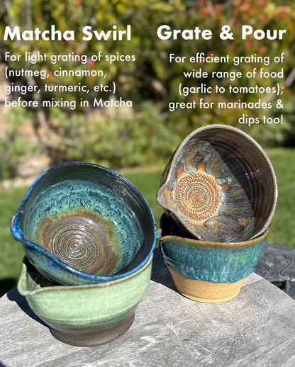 Matcha Swirl Tea Bowl with Dripless Spout and Grater in-cup for Ginger & Spcies