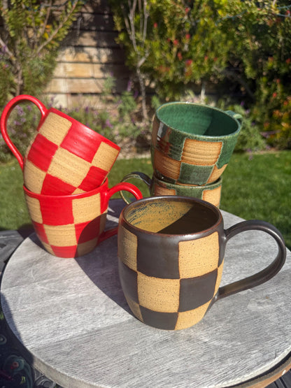 Checkered Mugs, Hand-Painted Wax Resist, Large Mugs with Comfortable Handles