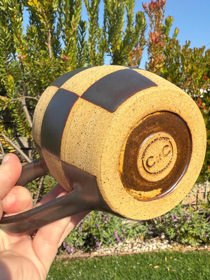 Checkered Mugs, Hand-Painted Wax Resist, Large 20+ oz. Capacity Mugs with Comfortable Handles