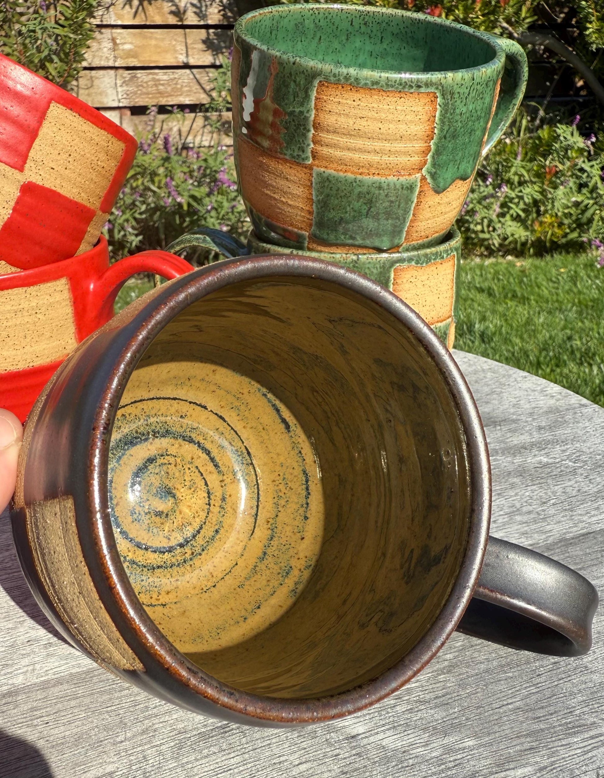 Checkered Mugs, Hand-Painted Wax Resist, Large 20+ oz. Capacity Mugs with Comfortable Handles